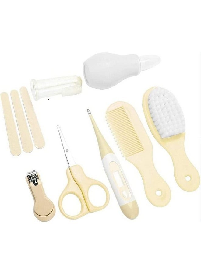 بيوينتي مجموعة العناية بالطفل مكونة من 8 قطع مع مقياس حرارة، شفاط أنفي، فرشاة أسنان، مبرد أظافر، مقص، فرشاة ومشط، أداة استحمام أساسية محمولة للعناية اليومية بالطفل الصغير، أصفر - Image 3