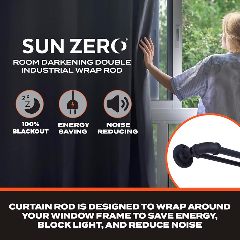 Sun Zero SN47079 Bronn Industrial Pipe Blackout Wrap Around Double Curtain Rod, 36-66" Adjustable Length, Matte Black Finish, 3/4" and 5/8" Diameter Textured Steel Tubes - Image 2