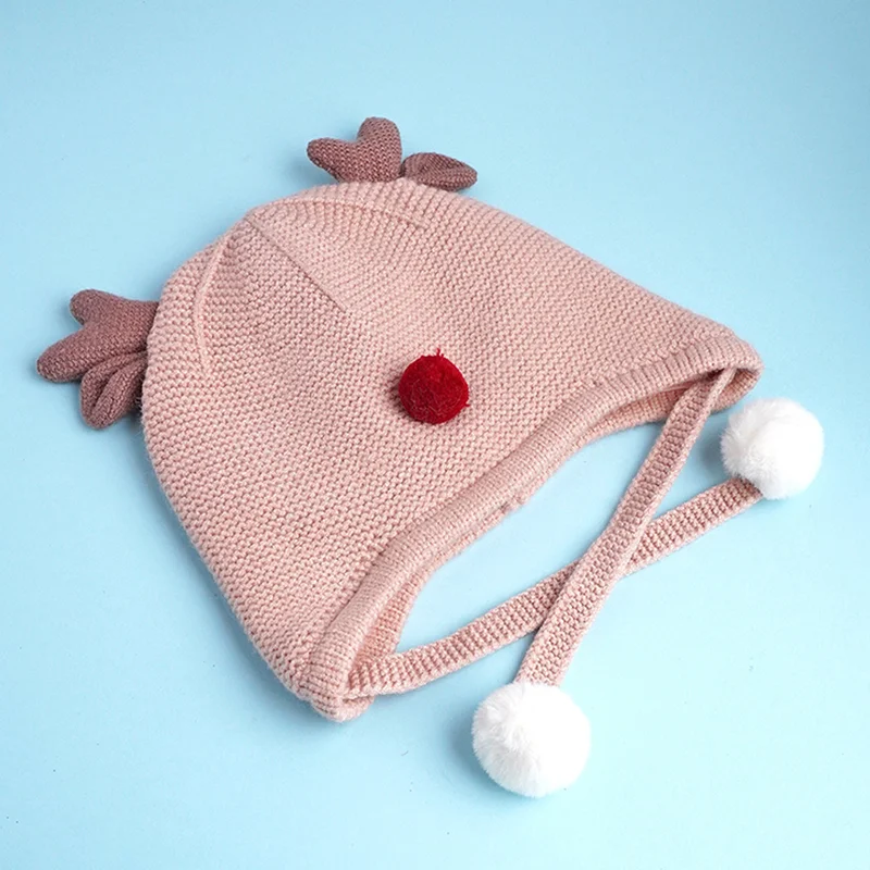 LITTLE SURPRISE BOX Peach Baby Antler Knitted Soft Woolen Winter Cap With Tie Up 6-18 Months