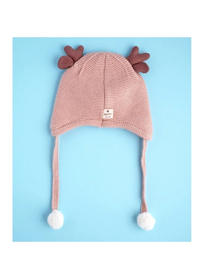 LITTLE SURPRISE BOX Peach Baby Antler Knitted Soft Woolen Winter Cap With Tie Up 6-18 Months