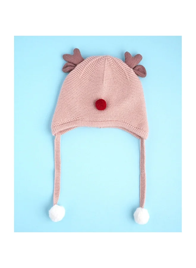 LITTLE SURPRISE BOX Peach Baby Antler Knitted Soft Woolen Winter Cap With Tie Up 6-18 Months