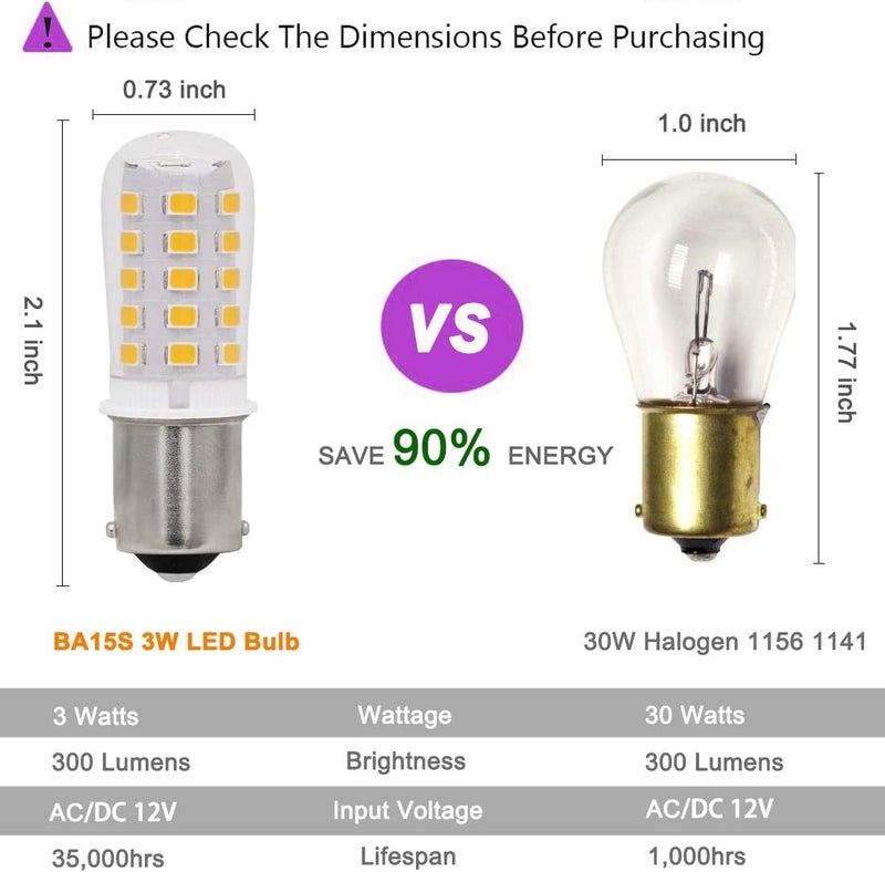 LEMENG لمبة LED BA15S 12V S8 SC 3W 300Lm 2700K بيضاء دافئة، قاعدة بايونت مفردة 1156 1141 P21W، إضاءة المناظر الطبيعية RV كامبر قارب مقطورة AC/DC 12 فولت - عبوة 4 - Image 2