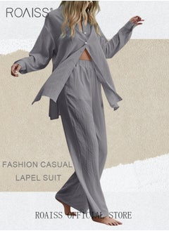 roaiss Ladies 2 Piece Set New Trend Fashion Classic Solid Color Cotton Linen Shirt Suit Summer Spring Plus Size Clothes for Women Breathable and Cool Long-Sleeve Lapel Shirt Loose Pants  - Image 2