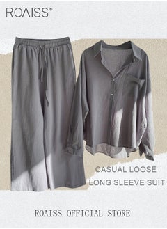 roaiss Ladies 2 Piece Set New Trend Fashion Classic Solid Color Cotton Linen Shirt Suit Summer Spring Plus Size Clothes for Women Breathable and Cool Long-Sleeve Lapel Shirt Loose Pants  - Image 4