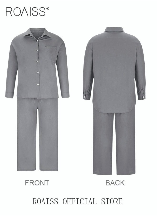 roaiss - Ladies 2 Piece Set New Trend Fashion Classic Solid Color Cotton Linen Shirt Suit Summer Spring Plus Size Clothes for Women Breathable and Cool Long-Sleeve Lapel Shirt Loose Pants - Image 1