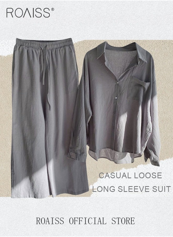 roaiss - Ladies 2 Piece Set New Trend Fashion Classic Solid Color Cotton Linen Shirt Suit Summer Spring Plus Size Clothes for Women Breathable and Cool Long-Sleeve Lapel Shirt Loose Pants - Image 1