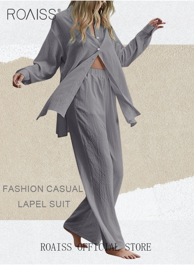 roaiss - Ladies 2 Piece Set New Trend Fashion Classic Solid Color Cotton Linen Shirt Suit Summer Spring Plus Size Clothes for Women Breathable and Cool Long-Sleeve Lapel Shirt Loose Pants - Image 1