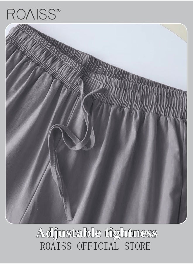 roaiss - Ladies 2 Piece Set New Trend Fashion Classic Solid Color Cotton Linen Shirt Suit Summer Spring Plus Size Clothes for Women Breathable and Cool Long-Sleeve Lapel Shirt Loose Pants - Image 1