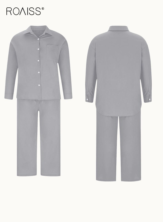 roaiss Ladies 2 Piece Set New Trend Fashion Classic Solid Color Cotton Linen Shirt Suit Summer Spring Plus Size Clothes for Women Breathable and Cool Long-Sleeve Lapel Shirt Loose Pants - Image 4