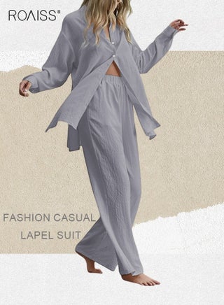 Ladies 2 Piece Set New Trend Fashion Classic Solid Color Cotton Linen Shirt Suit Summer Spring Plus Size Clothes for Women Breathable and Cool Long-Sleeve Lapel Shirt Loose Pants - view 2