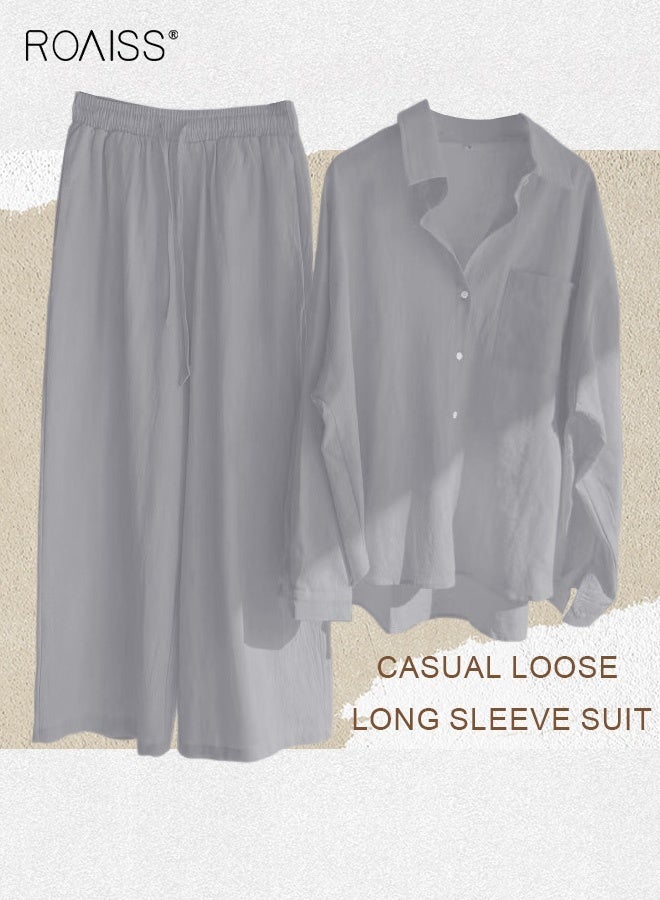 roaiss Ladies 2 Piece Set New Trend Fashion Classic Solid Color Cotton Linen Shirt Suit Summer Spring Plus Size Clothes for Women Breathable and Cool Long-Sleeve Lapel Shirt Loose Pants - Image 3