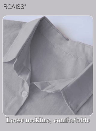 Ladies 2 Piece Set New Trend Fashion Classic Solid Color Cotton Linen Shirt Suit Summer Spring Plus Size Clothes for Women Breathable and Cool Long-Sleeve Lapel Shirt Loose Pants - view 5