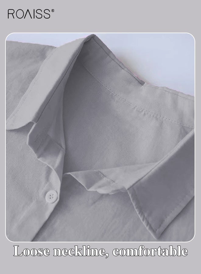 roaiss Ladies 2 Piece Set New Trend Fashion Classic Solid Color Cotton Linen Shirt Suit Summer Spring Plus Size Clothes for Women Breathable and Cool Long-Sleeve Lapel Shirt Loose Pants - Image 5