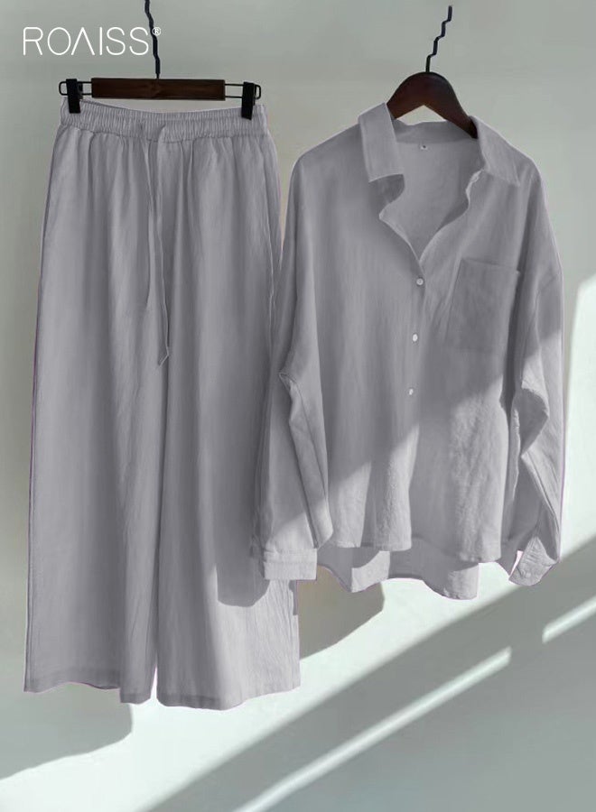 roaiss Ladies 2 Piece Set New Trend Fashion Classic Solid Color Cotton Linen Shirt Suit Summer Spring Plus Size Clothes for Women Breathable and Cool Long-Sleeve Lapel Shirt Loose Pants - Image 1