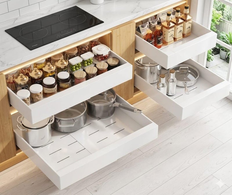 Adjustable Pull Out Cabinet Organizer Drawer, Heavy Duty Steel Sliding Storage Shelf, Expandable Kitchen Cabinet Organizer, White Pull Out Basket for Pantry and Kitchen Storage - Image 1