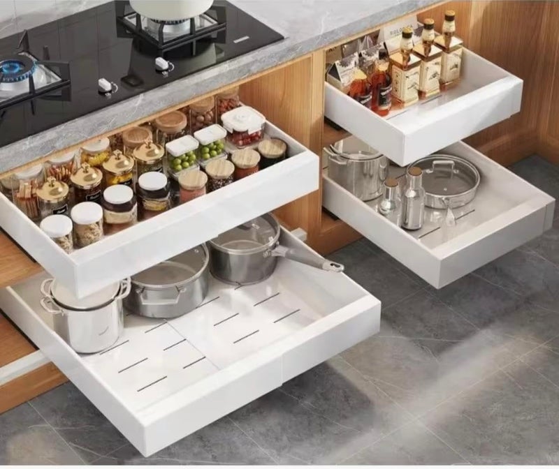 Adjustable Pull Out Cabinet Organizer Drawer, Heavy Duty Steel Sliding Storage Shelf, Expandable Kitchen Cabinet Organizer, White Pull Out Basket for Pantry and Kitchen Storage - Image 3