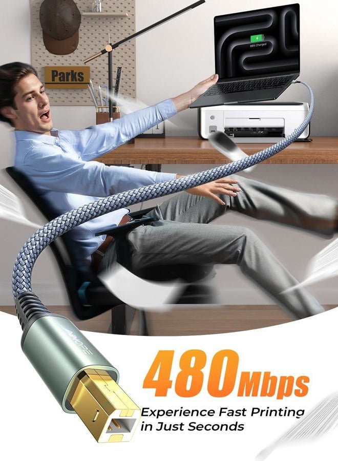 Ainope Printer Cable USB A to USB B Printer Cable High-Speed Nylon Braided USB 2.0 MIDI Cable for HP Canon Brother Dell Epson Lexmark DAC, 6.6ft/Grey - Image 3