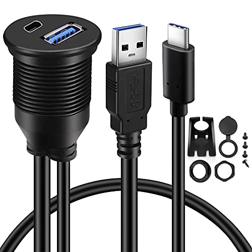 BATIGE Type C 3.1 and USB 3.0 Car Mount Flush Cable Male to Female Waterproof Extension for Car Truck Boat Motorcycle Dashboard Panel - 3ft - Image 1