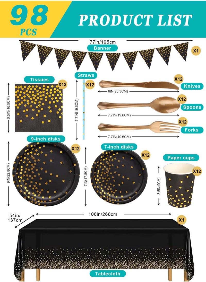 URbazaar 98PCS Black and Gold Party Supplies Golden Dot Paper Party Dinnerware Includes Paper Plates Napkins Knives Forks 9oz Cups Banner for Graduation Birthday party Serves 12  - Image 2