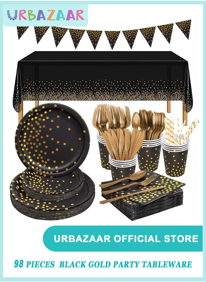 URbazaar 98PCS Black and Gold Party Supplies Golden Dot Paper Party Dinnerware Includes Paper Plates Napkins Knives Forks 9oz Cups Banner for Graduation Birthday party Serves 12  - Image 1