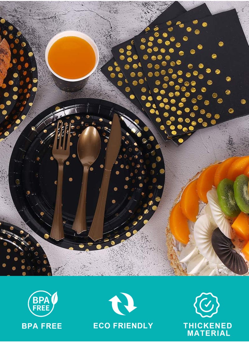 URbazaar 98PCS Black and Gold Party Supplies Golden Dot Paper Party Dinnerware Includes Paper Plates Napkins Knives Forks 9oz Cups Banner for Graduation Birthday party Serves 12  - Image 4