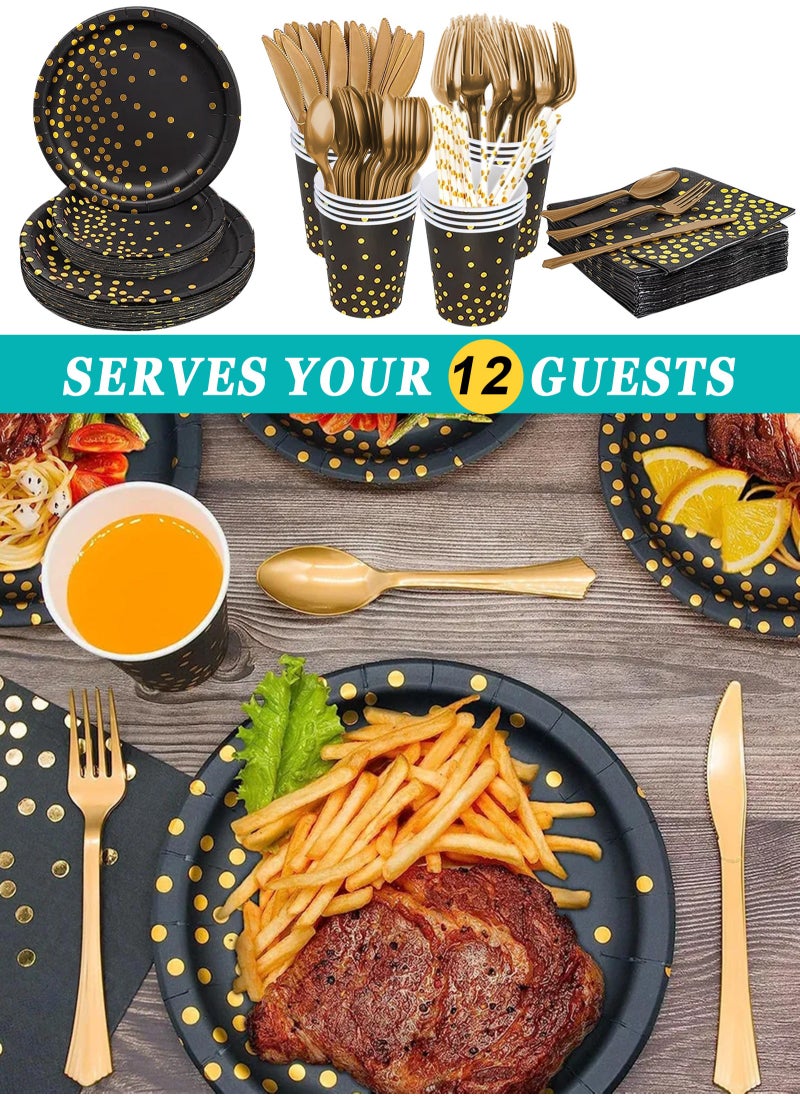URbazaar 98PCS Black and Gold Party Supplies Golden Dot Paper Party Dinnerware Includes Paper Plates Napkins Knives Forks 9oz Cups Banner for Graduation Birthday party Serves 12  - Image 5