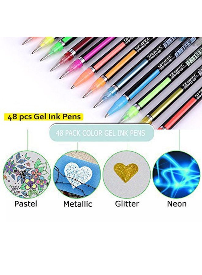 SAYEEC Super 48 Packs Glitter Metallic Gel Pen Set ColorIng Gel Pens Set for Adult Coloring Books Art Drawing Writing 1mm Tip Range 12 Metallic,12 Glitter,12 Neon,12 WaterChalk - Image 2
