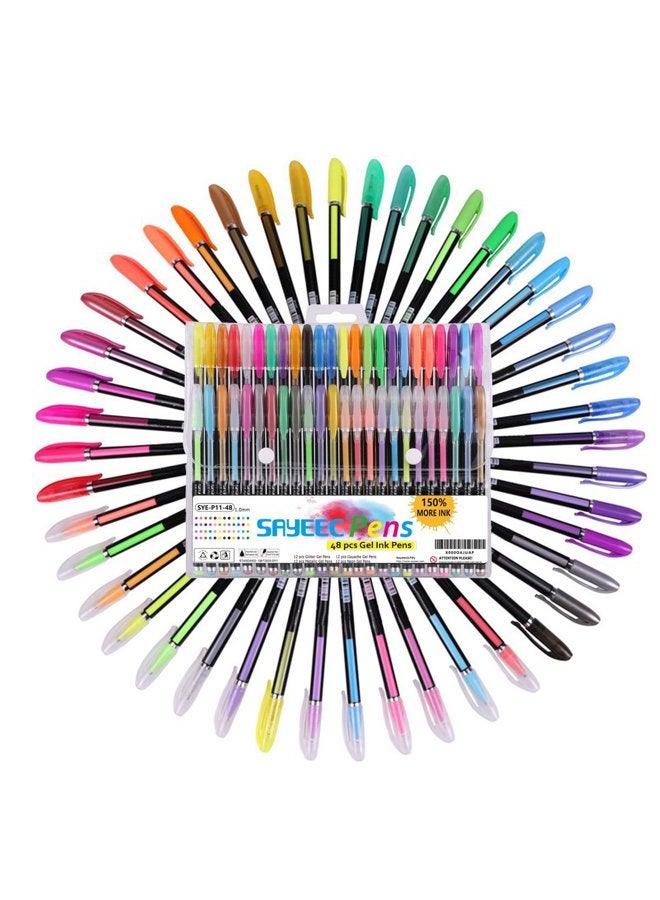 SAYEEC Super 48 Packs Glitter Metallic Gel Pen Set ColorIng Gel Pens Set for Adult Coloring Books Art Drawing Writing 1mm Tip Range 12 Metallic,12 Glitter,12 Neon,12 WaterChalk - Image 1