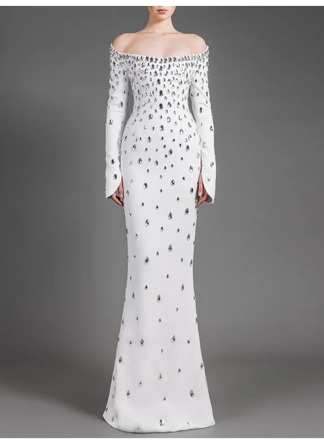 Madam Uniq Heavy-Duty Beaded and Rhinestone One-Shoulder Water Drop Long Dress
