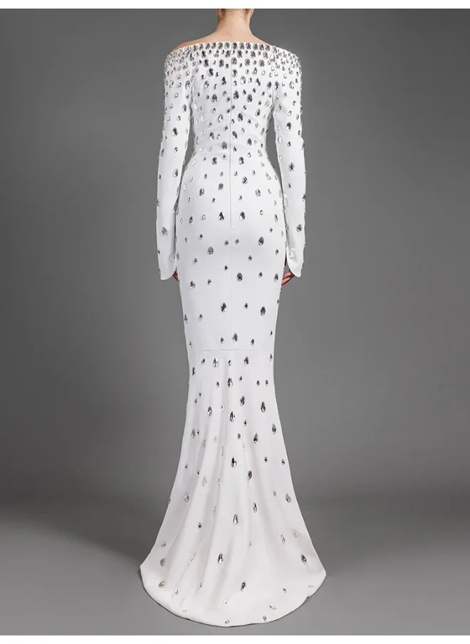 Madam Uniq Heavy-Duty Beaded and Rhinestone One-Shoulder Water Drop Long Dress