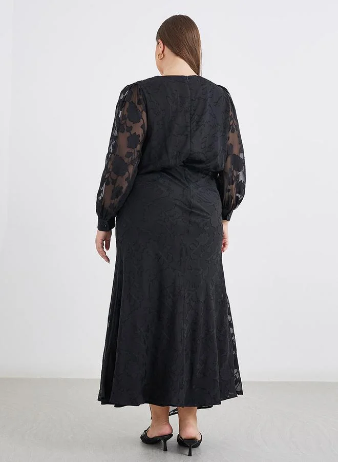 Styli Plus Black Maxi Dress with Balloon Sleeve