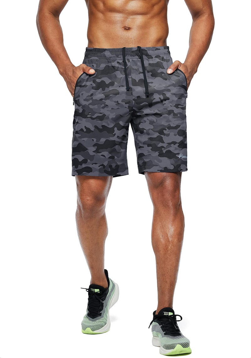Pudolla Men's Workout Running Shorts Lightweight Gym Athletic Shorts for Men with Zipper Pockets (Camo Black Medium) - Image 2
