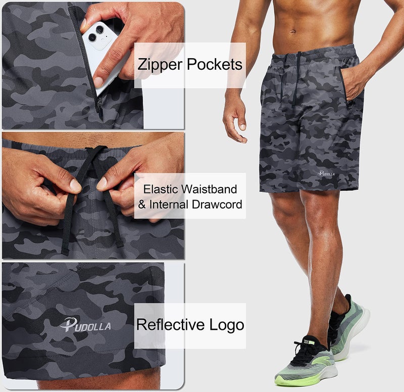 Pudolla Men's Workout Running Shorts Lightweight Gym Athletic Shorts for Men with Zipper Pockets (Camo Black Medium) - Image 5