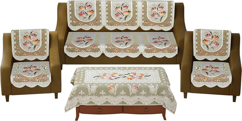 HOMECROWN Cotton Polyester Net Fabric Floral 5 Seater Sofa Cover with Matching 4 Seater Center Table Cover Set Brown - Image 2