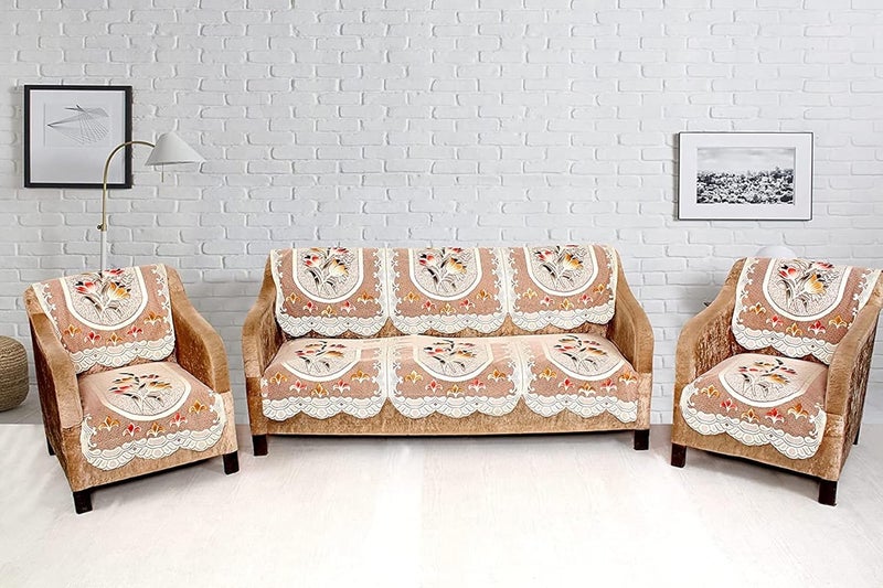HOMECROWN Cotton Polyester Net Fabric Floral 5 Seater Sofa Cover with Matching 4 Seater Center Table Cover Set Brown - Image 3