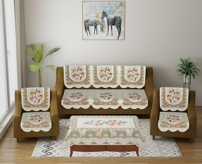 HOMECROWN Cotton Polyester Net Fabric Floral 5 Seater Sofa Cover with Matching 4 Seater Center Table Cover Set Brown - Image 1