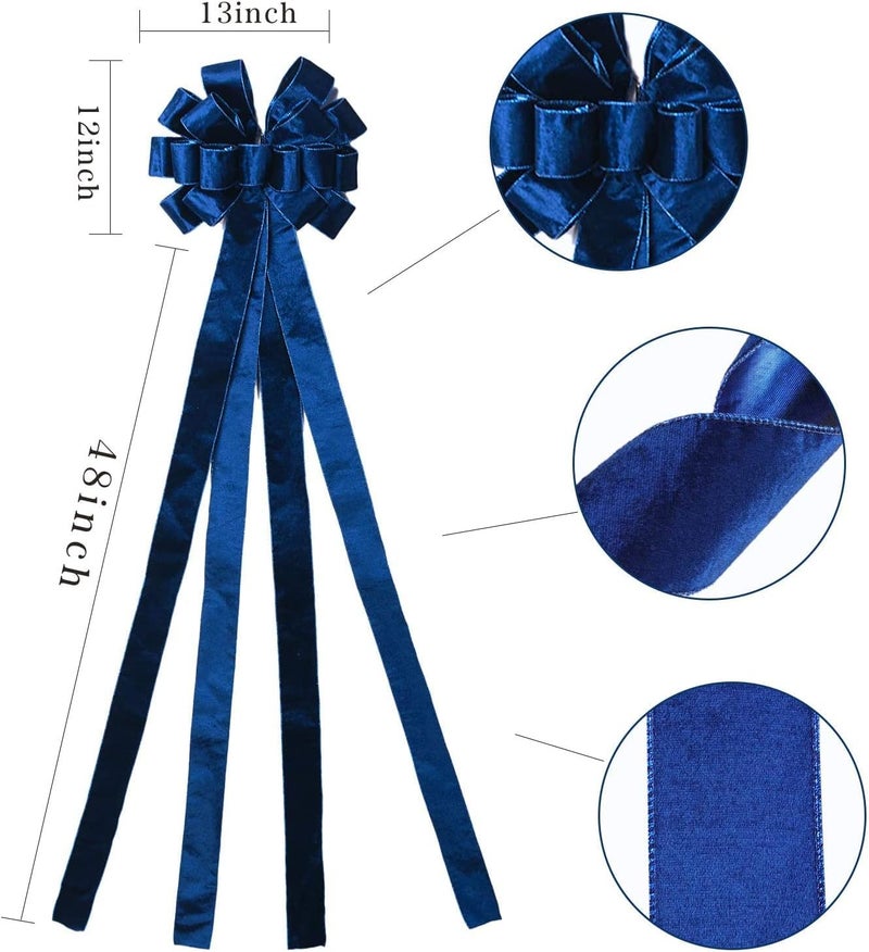 BUVANE Christmas Tree Topper,48x13 Inches Velvet Toppers Bow,Large Decorative Bows for Christmas Decoration (Blue) - Image 2