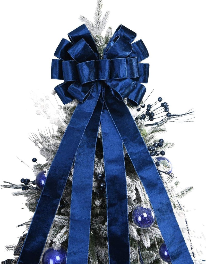 BUVANE Christmas Tree Topper,48x13 Inches Velvet Toppers Bow,Large Decorative Bows for Christmas Decoration (Blue) - Image 1