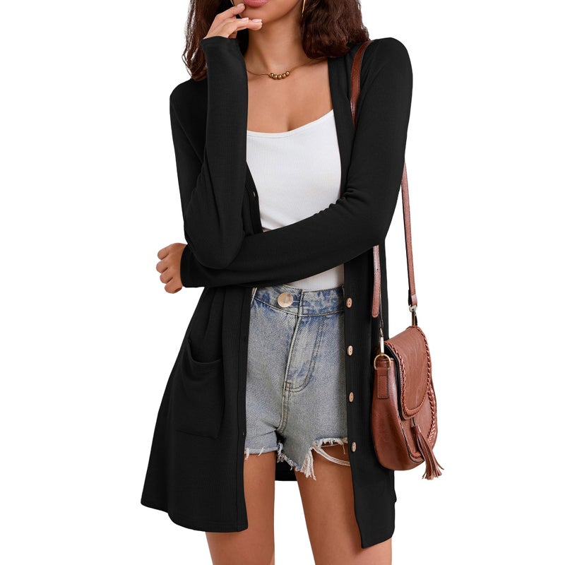 Witsmile Women's Long Sleeve Open Front Cardigan Casual Loose Lightweight Cardigans with Pockets for Fall(Black, Large) - Image 1
