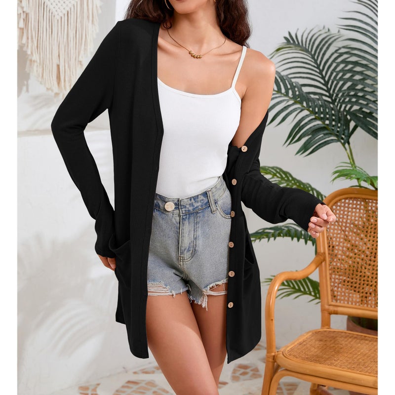 Witsmile Women's Long Sleeve Open Front Cardigan Casual Loose Lightweight Cardigans with Pockets for Fall(Black, Large) - Image 3
