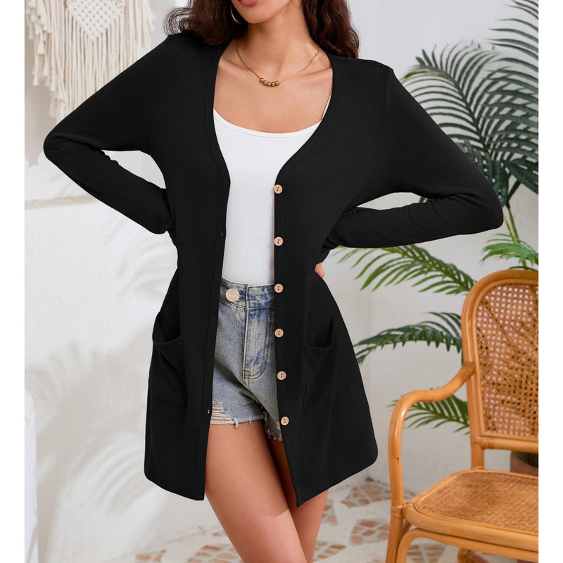 Witsmile Women's Long Sleeve Open Front Cardigan Casual Loose Lightweight Cardigans with Pockets for Fall(Black, Large) - Image 5