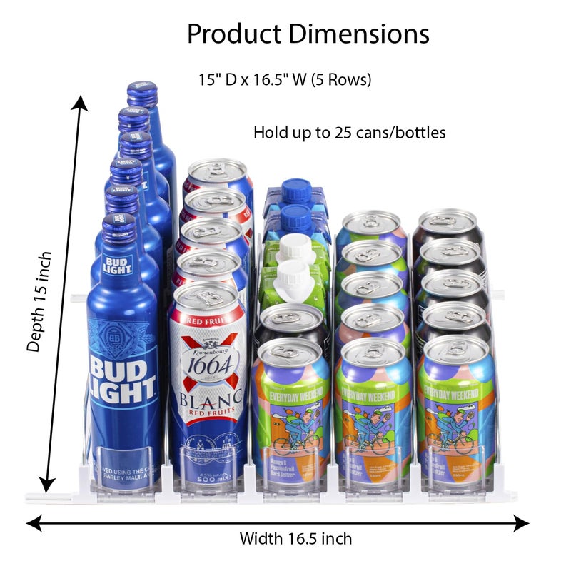 RULA Drink Organizer for Fridge, Self-Pushing Soda Can Dispenser for Refrigerator, Width Adjustable Beverage Pusher Glide - Holds up to 25 Cans (15" D, 5 Rows) - Image 2