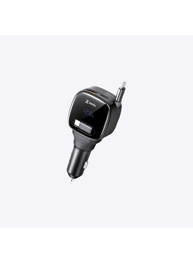 شاحن سيارة ZEDX CR300 بقوة 95 واط مع كابل مدمج قابل للسحب، شحن سريع PD، منافذ USB-A وUSB-C، دعم شحن متعدد الأجهزة – أسود