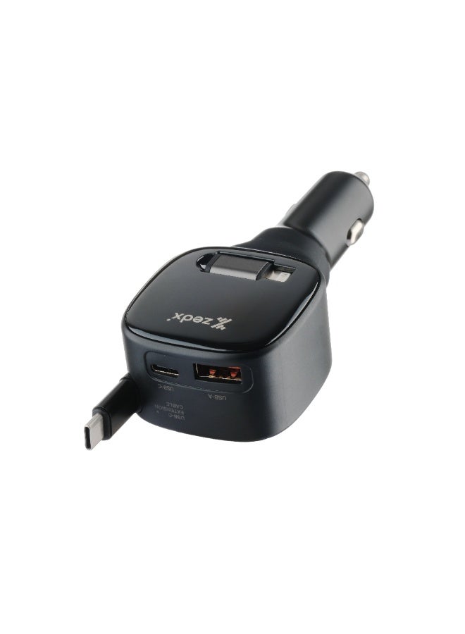 زيدكس شاحن سيارة ZEDX CR300 بقوة 95 واط مع كابل مدمج قابل للسحب، شحن سريع PD، منافذ USB-A وUSB-C، دعم شحن متعدد الأجهزة – أسود - Image 2
