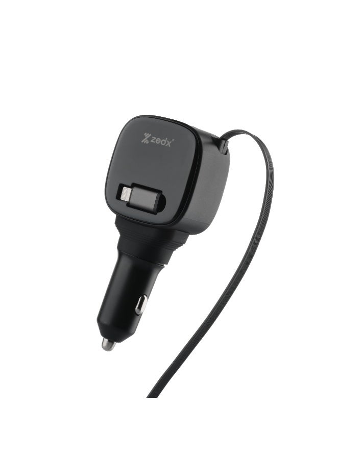 زيدكس شاحن سيارة ZEDX CR300 بقوة 95 واط مع كابل مدمج قابل للسحب، شحن سريع PD، منافذ USB-A وUSB-C، دعم شحن متعدد الأجهزة – أسود - Image 1