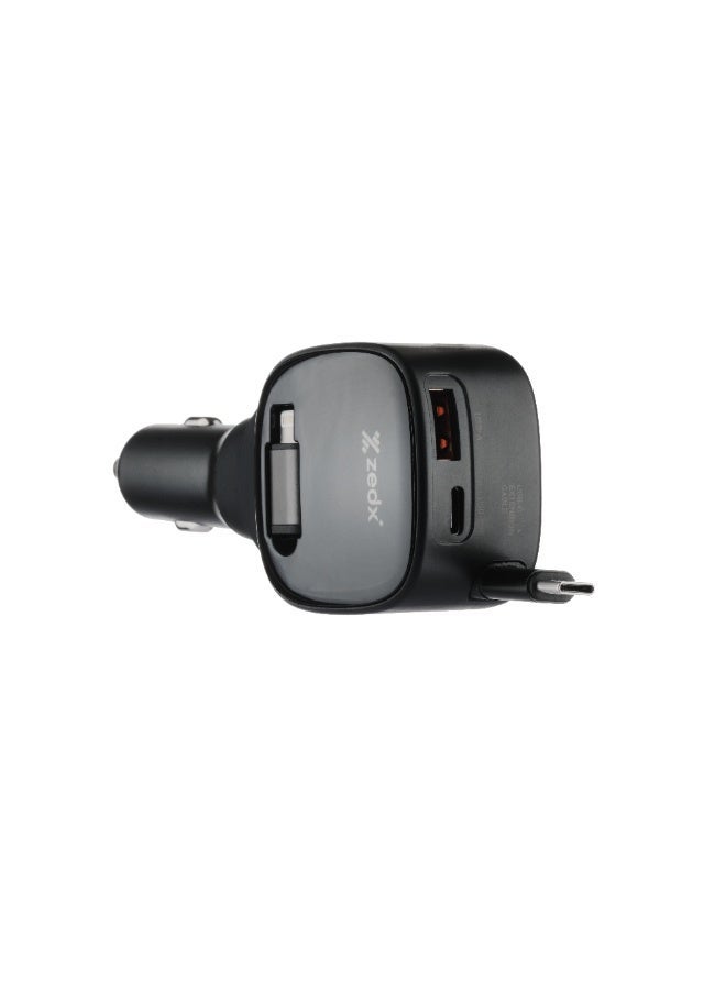 زيدكس شاحن سيارة ZEDX CR300 بقوة 95 واط مع كابل مدمج قابل للسحب، شحن سريع PD، منافذ USB-A وUSB-C، دعم شحن متعدد الأجهزة – أسود - Image 3