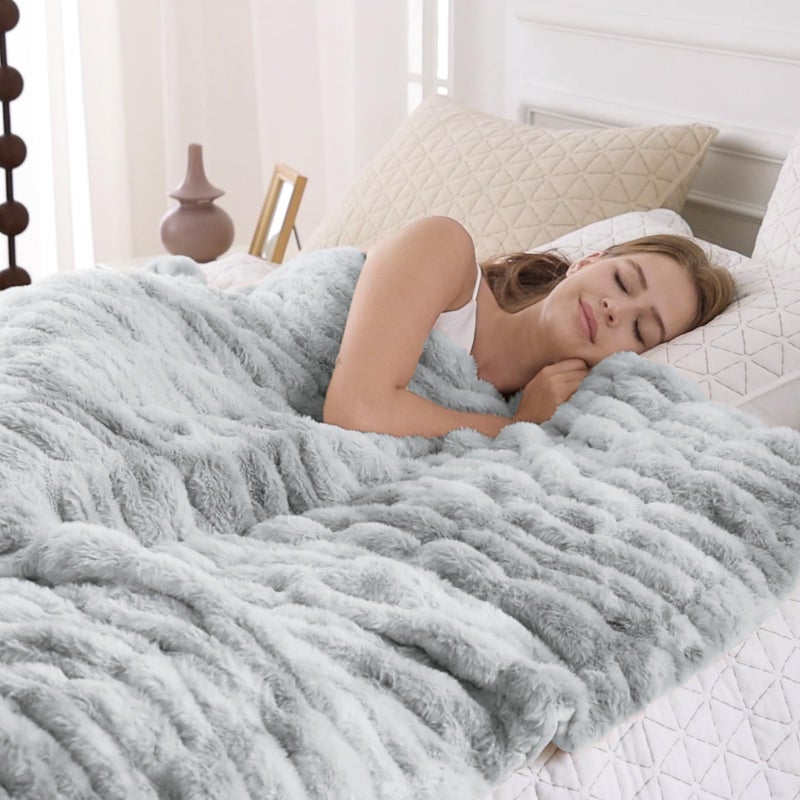 softan Warm Fuzzy Faux Fur Blanket Elastic Striped Fleece Throw Blanket for Couch Sofa Bed Living Room Light Grey DoubleSided Furry Blanket and Throws  50x 60