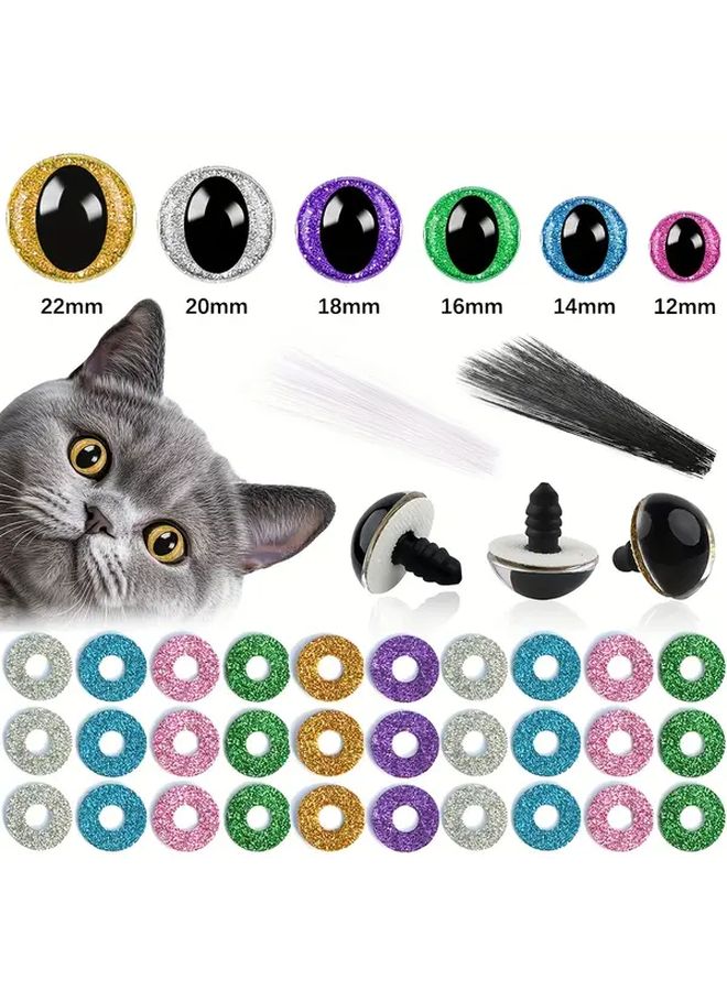 10 Glittery Cat Eyes and 20 Fake Cat Whiskers for Crochet Amigurumi Safety Eyes 1.4cm with Measuring Tool for DIY Halloween Decorations - Image 1