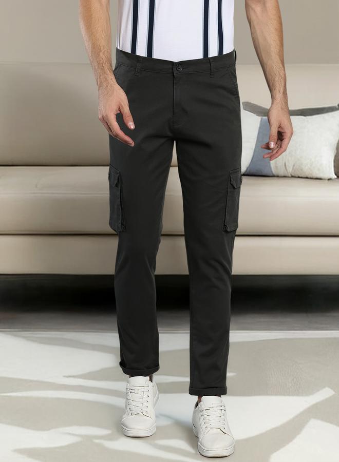Dennis Lingo Men's Charcoal Grey Tapered Fit Cotton Trousers - Solid Pattern, Full-Length  - Image 1