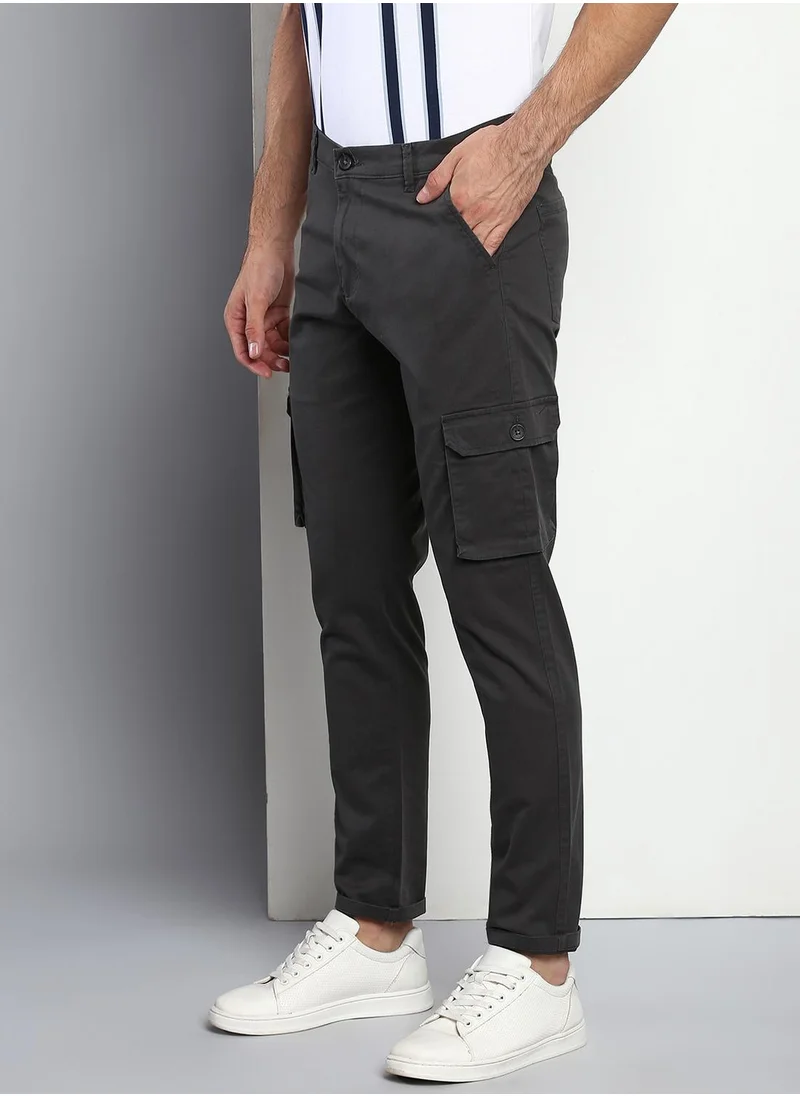 دينيس لينغو Men's Charcoal Grey Tapered Fit Cotton Trousers - Solid Pattern, Full-Length